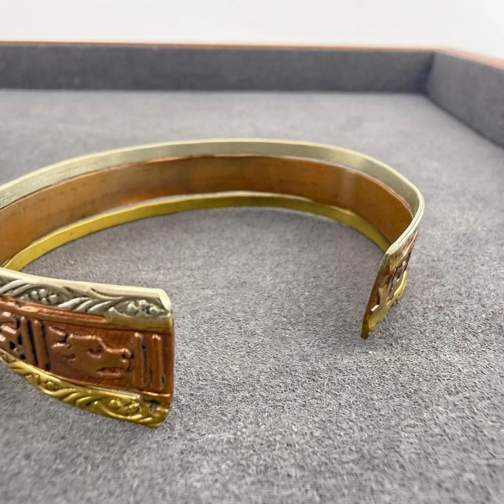 Mixed Metal Cuff Bracelet Animal Motif Tri-Tone Southwestern Embossed Design